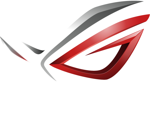 ASUS ROG 標誌 壁紙 — 純黑色背景上，一個時尚的紅、銀、黑 ROG 眼睛標誌，下方有粗體白色文字。