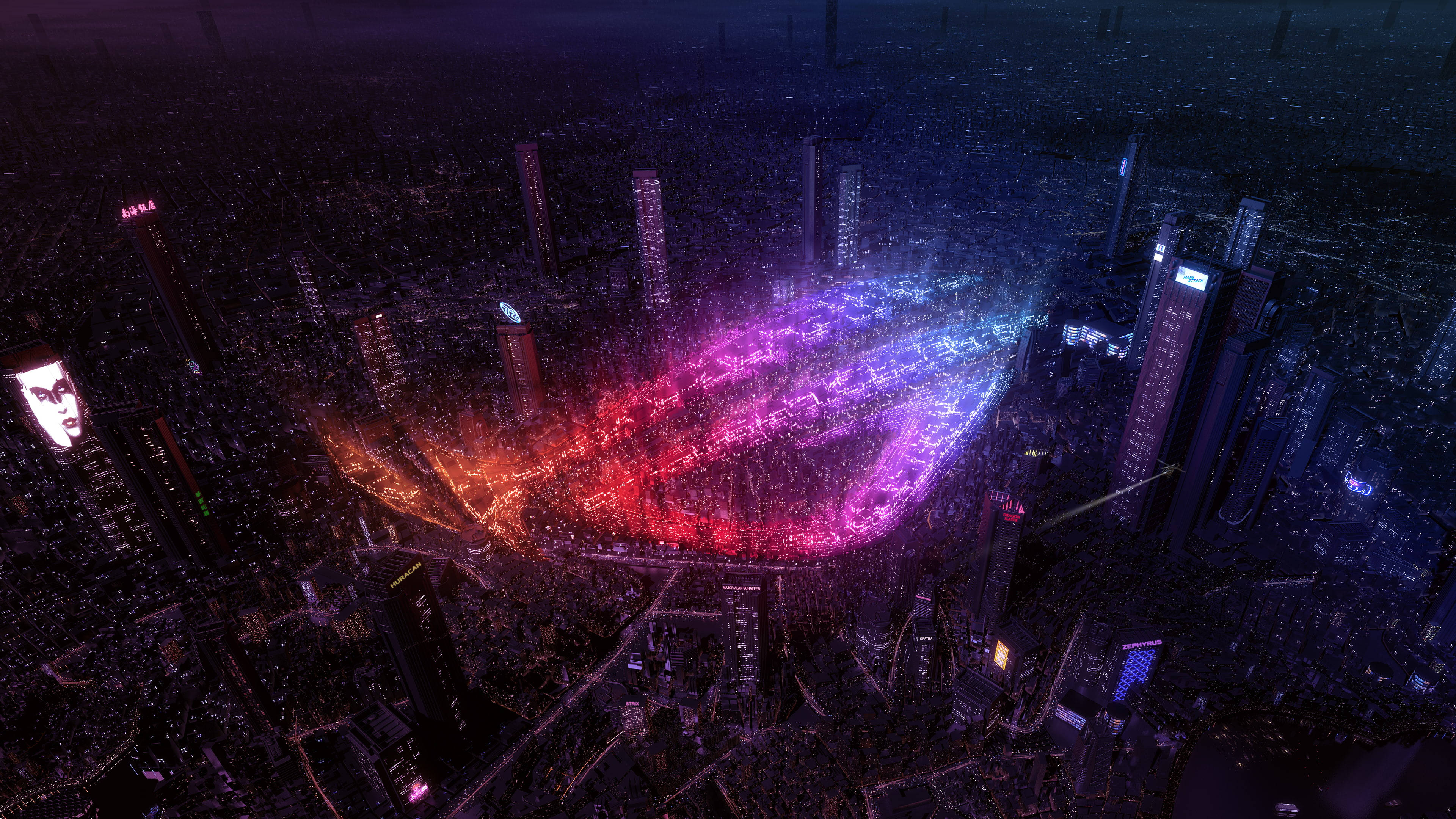 ASUS ROG 桌面 4K 藝術 壁紙 — 未來城市夜景鳥瞰圖，發光的紫色和紅色ASUS ROG標誌照亮中央體育場。