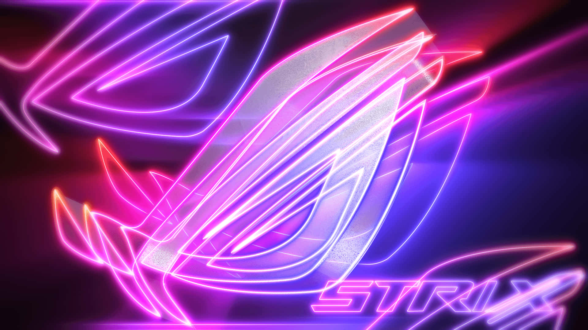 ASUS ROG 遊戲革命 壁紙 — 發光的霓虹紫色和粉紅色 ROG Strix 標誌在帶有光線條紋的深色背景上散發能量。