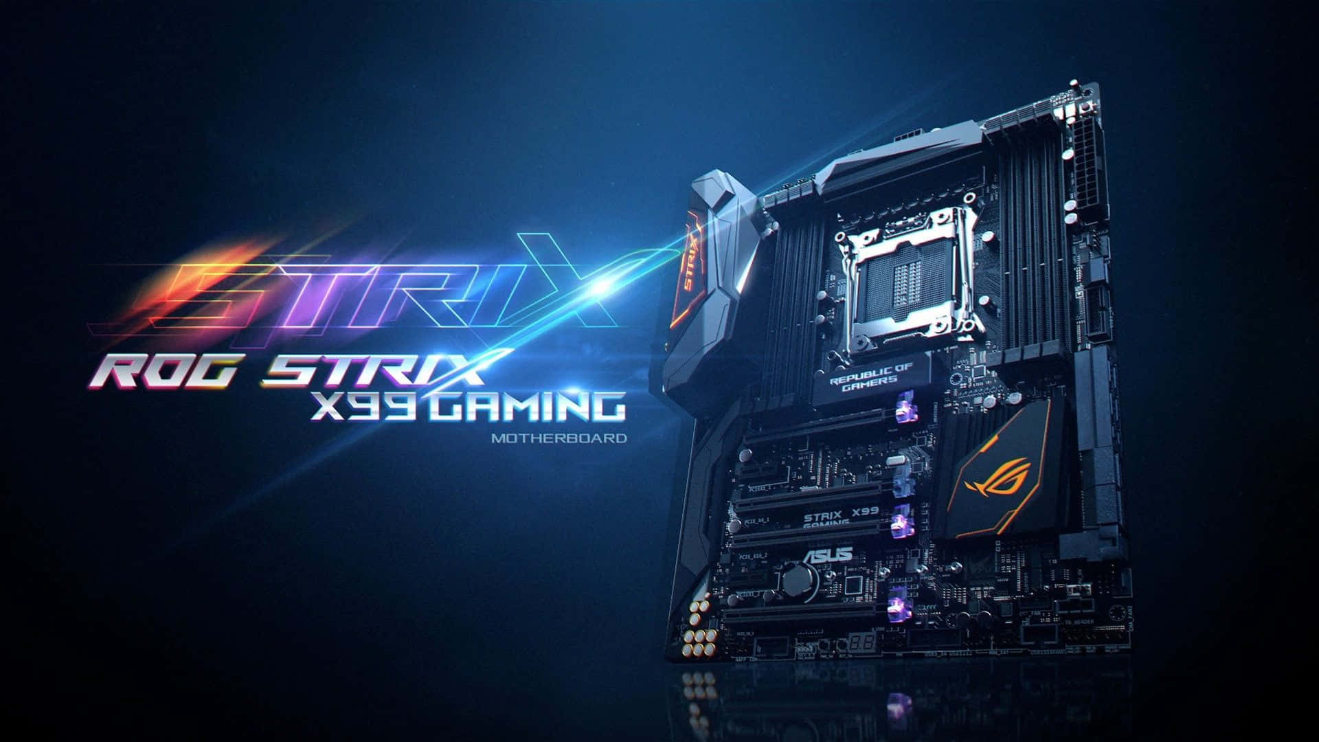Asus ROG動感遊戲背景 壁紙 — 時尚的 ROG Strix X99 遊戲主機板在黑暗背景下散發出鮮豔的霓虹燈光。