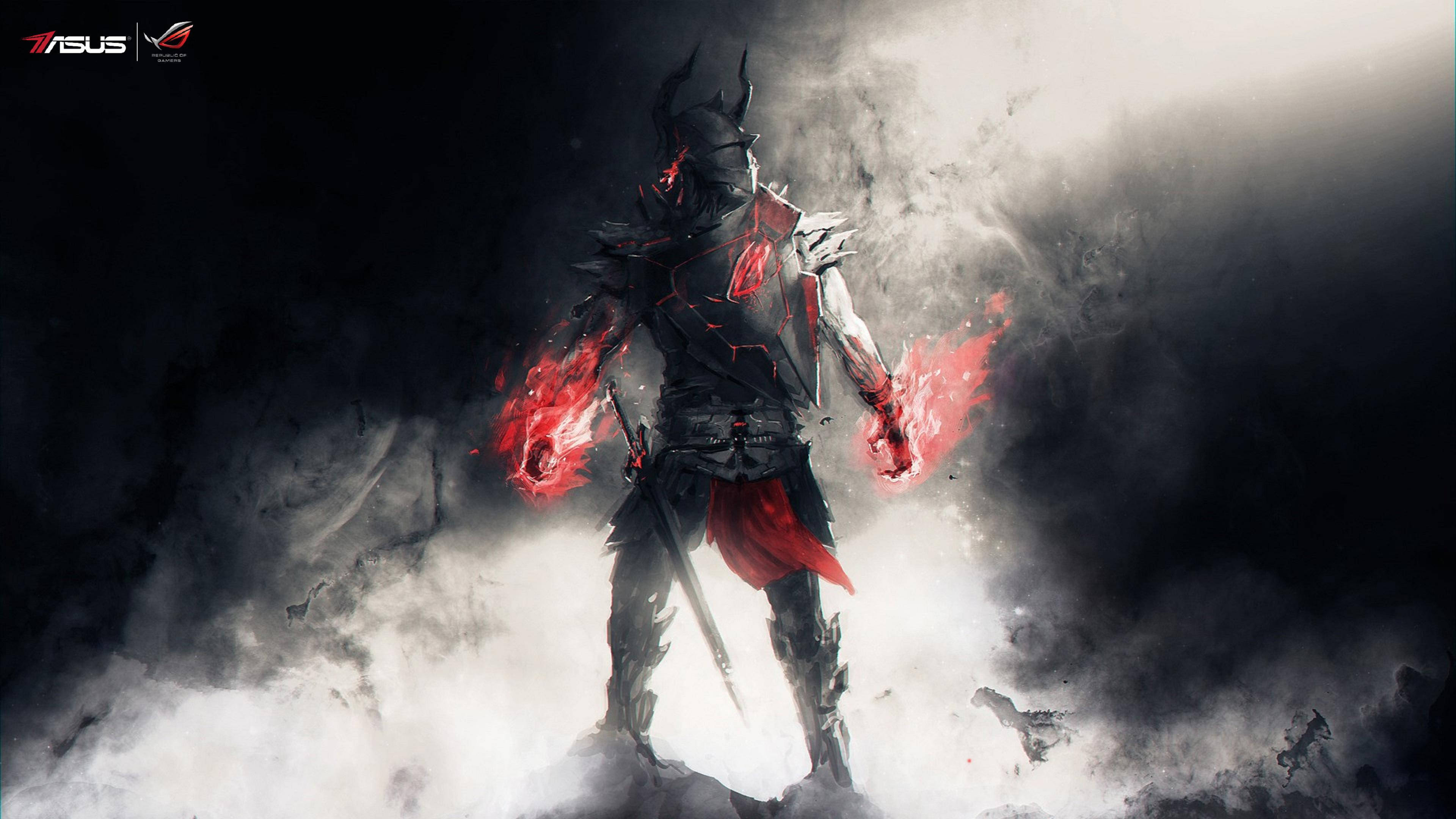 ASUS 遊戲戰士 UHD 壁紙 — 一個身穿暗色盔甲的戰士，雙手發出紅光，站在旋轉的煙霧中，營造出戲劇性且陰鬱的場景。