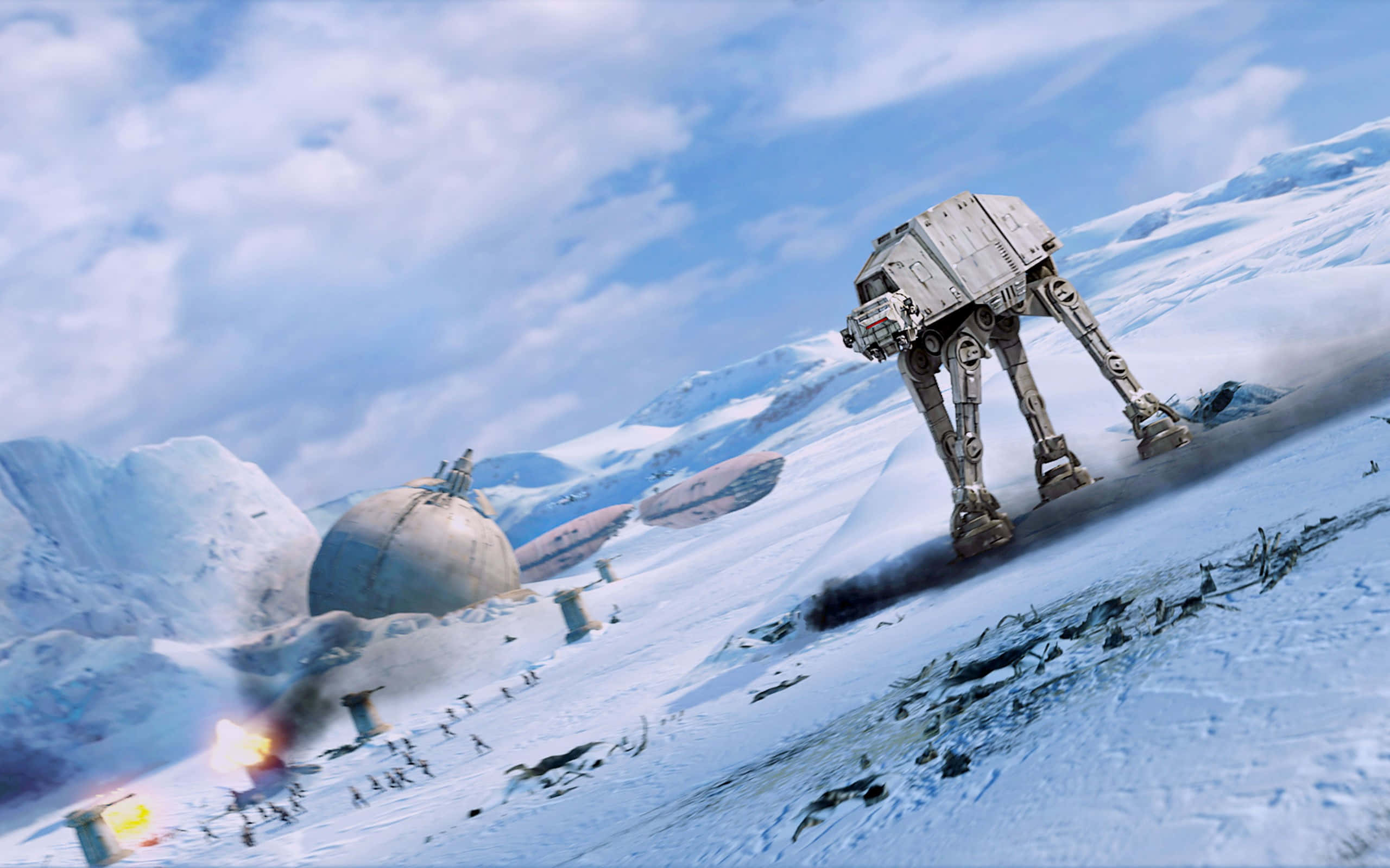 Hoth 桌布 壁紙 — AT-AT 步行機在明亮的藍天和散落的雲朵下，穿過白雪皚皚的山地景觀。