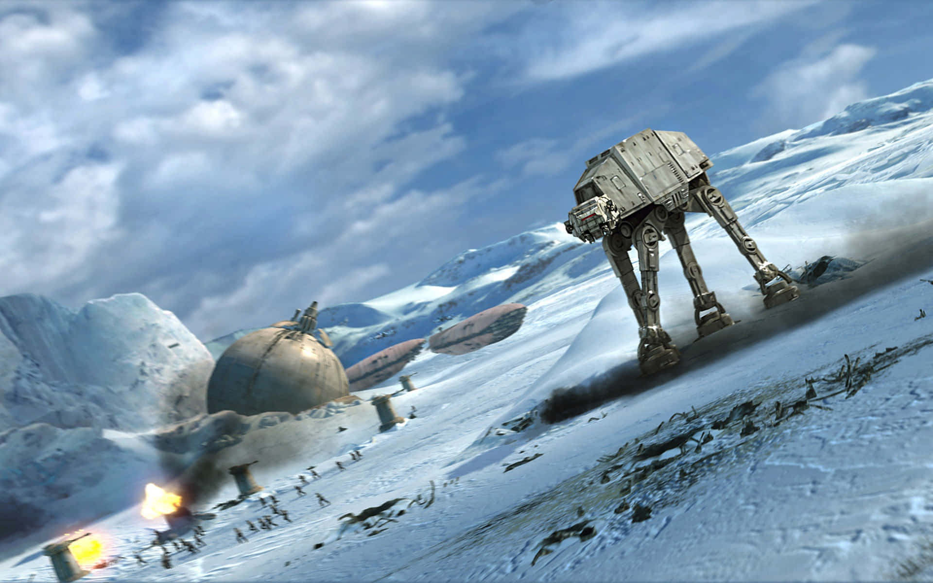 Battle Of Hoth 桌布 壁紙 — AT-AT步行者穿過雪地戰場，遠處有爆炸和叛軍，天空多雲。