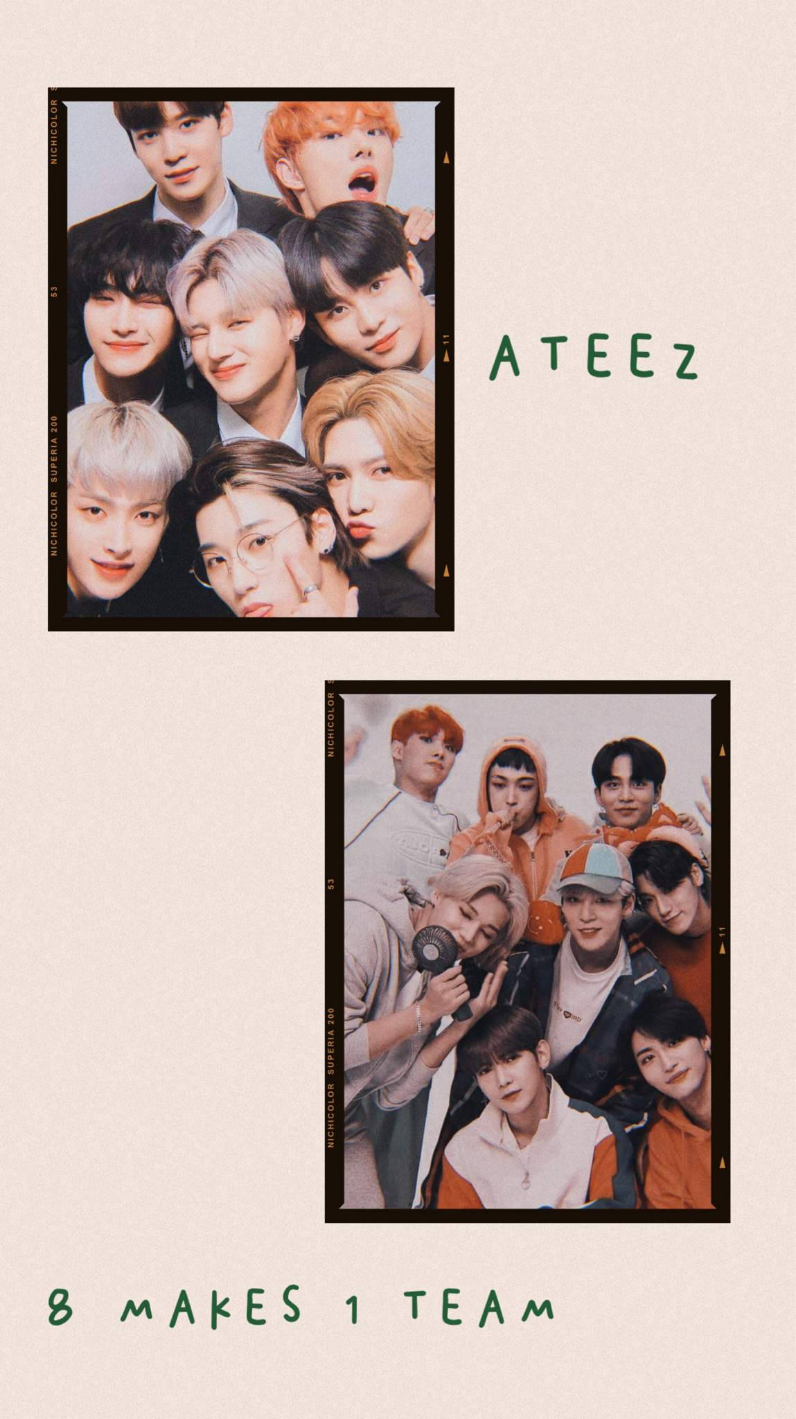 ATEEZ K-pop 團體照片，附有文字 8 makes 1 team