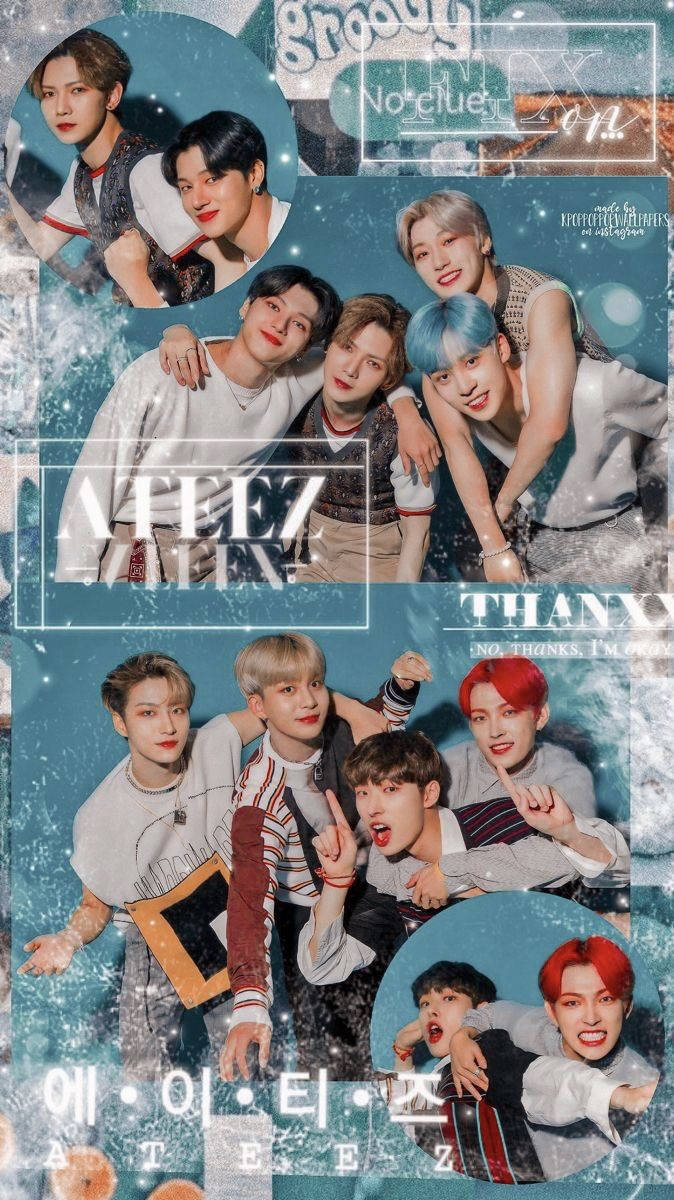 ATEEZ閃亮風 壁紙 — 一幅充滿活力的拼貼畫，K-pop 組合 ATEEZ 成員在閃爍的藍色背景上充滿活力地擺姿勢，並帶有文字疊加。