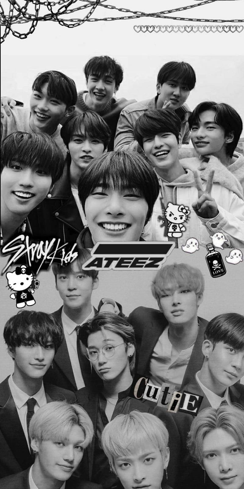 K-pop 樂隊 ATEEZ 與 Hello Kitty 貼紙的黑白團體照。
