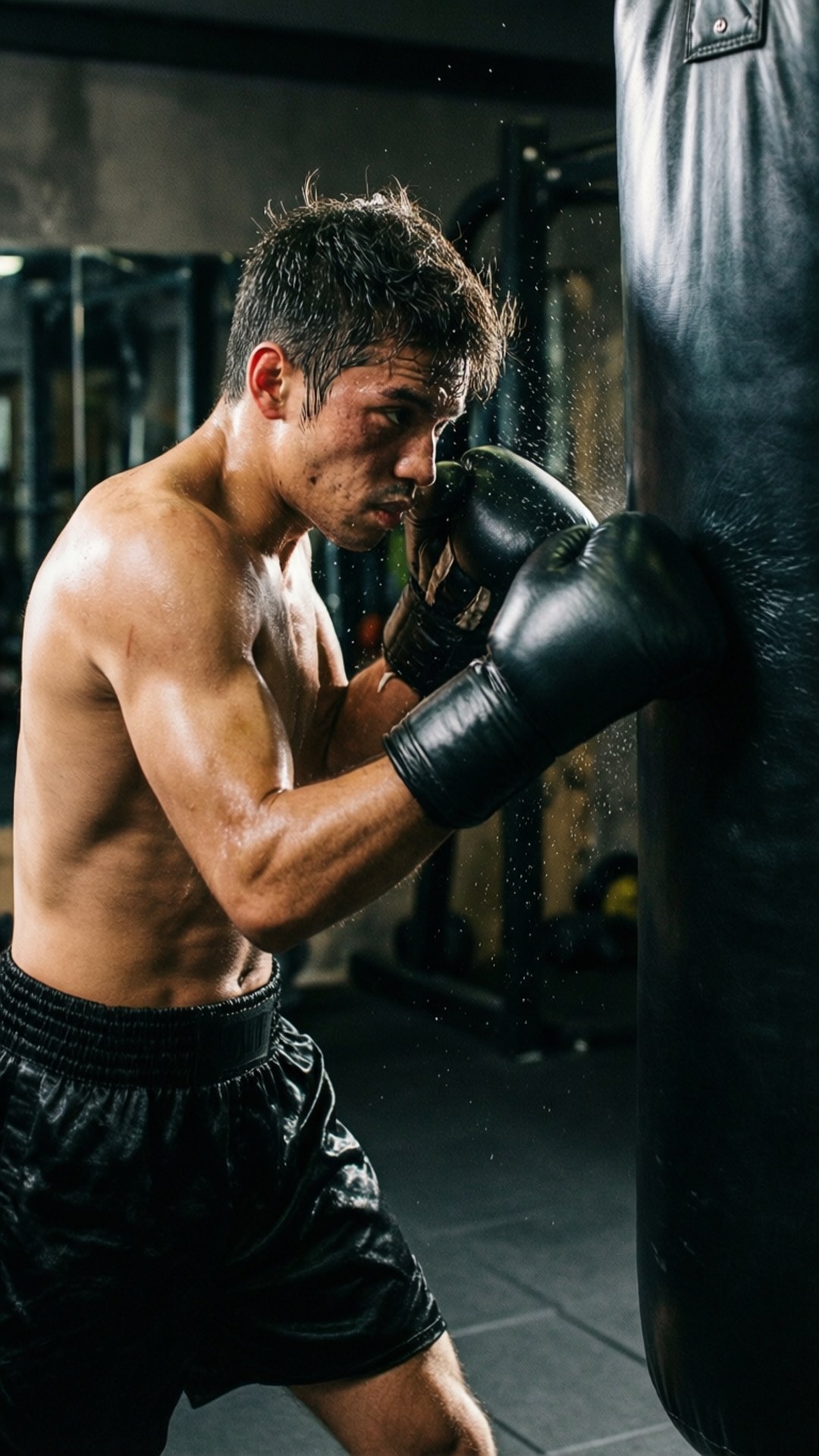 運動 桌布 壁紙 — 一個肌肉發達的男人穿著黑色短褲和手套，在燈光昏暗的健身房中擊打重型沙袋，汗水以慢動作飛濺。