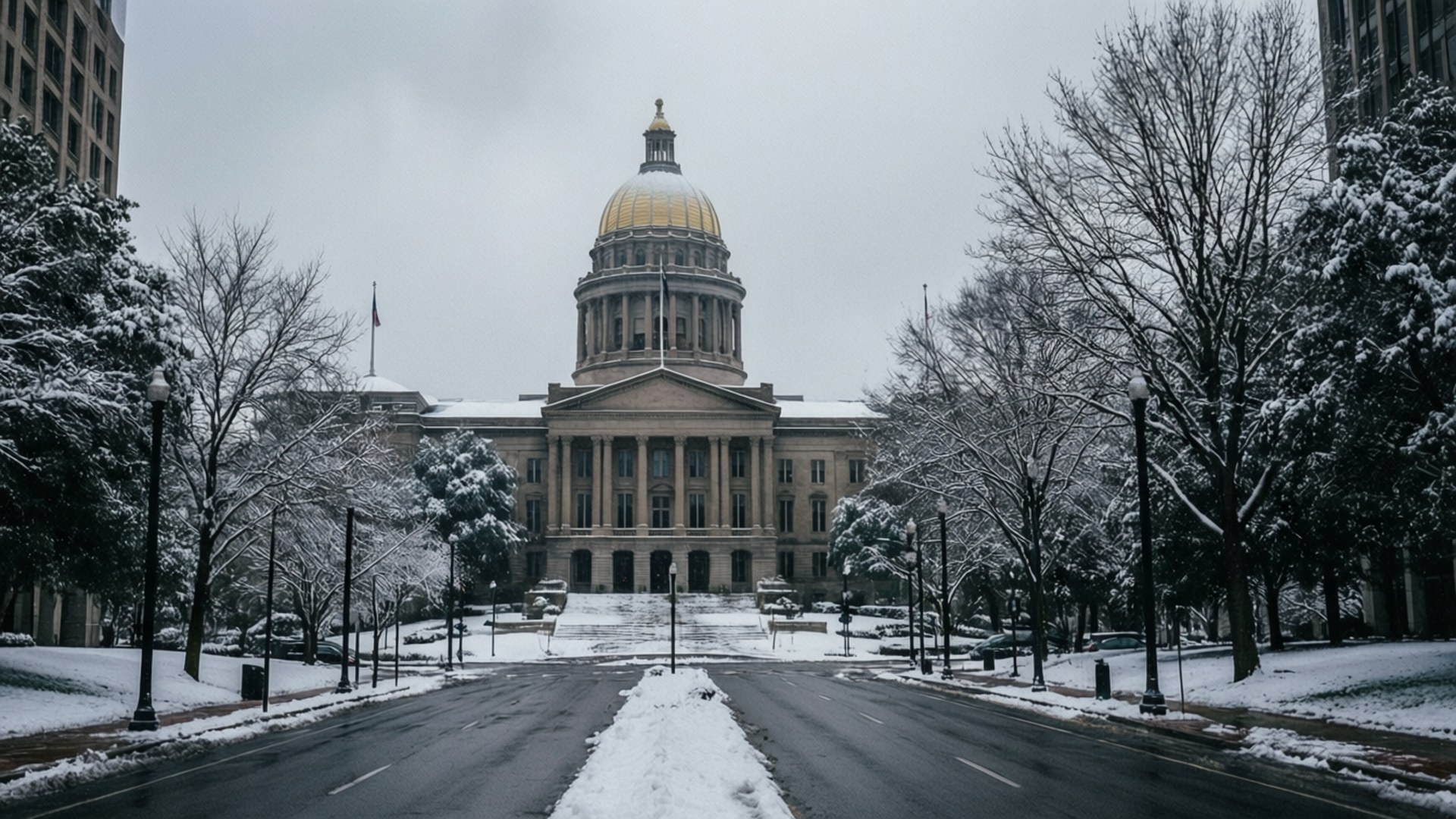 Atlanta Snow Day 壁紙 — 一座宏偉的新古典主義國會大廈，帶有金色圓頂，被雪覆蓋，矗立在多雲的天空下，兩旁是光禿禿的樹木和積雪的街道。
