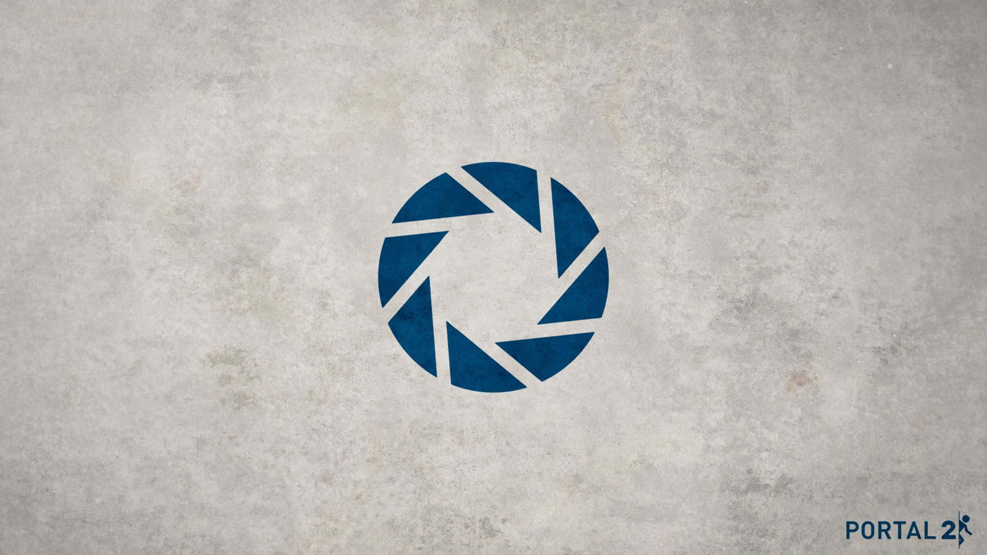灰色混凝土牆上帶有遊戲標題文字的藍色 Portal 2 光圈標誌。