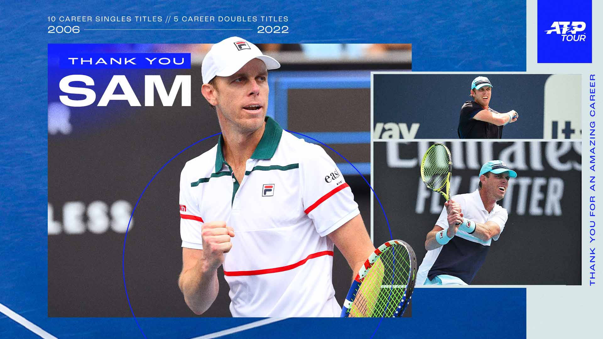 山姆·奎瑞ATP紀念背景 壁紙 — 網球選手 Sam Querrey 在藍色背景上以統計覆蓋層和動作鏡頭慶祝球場勝利。