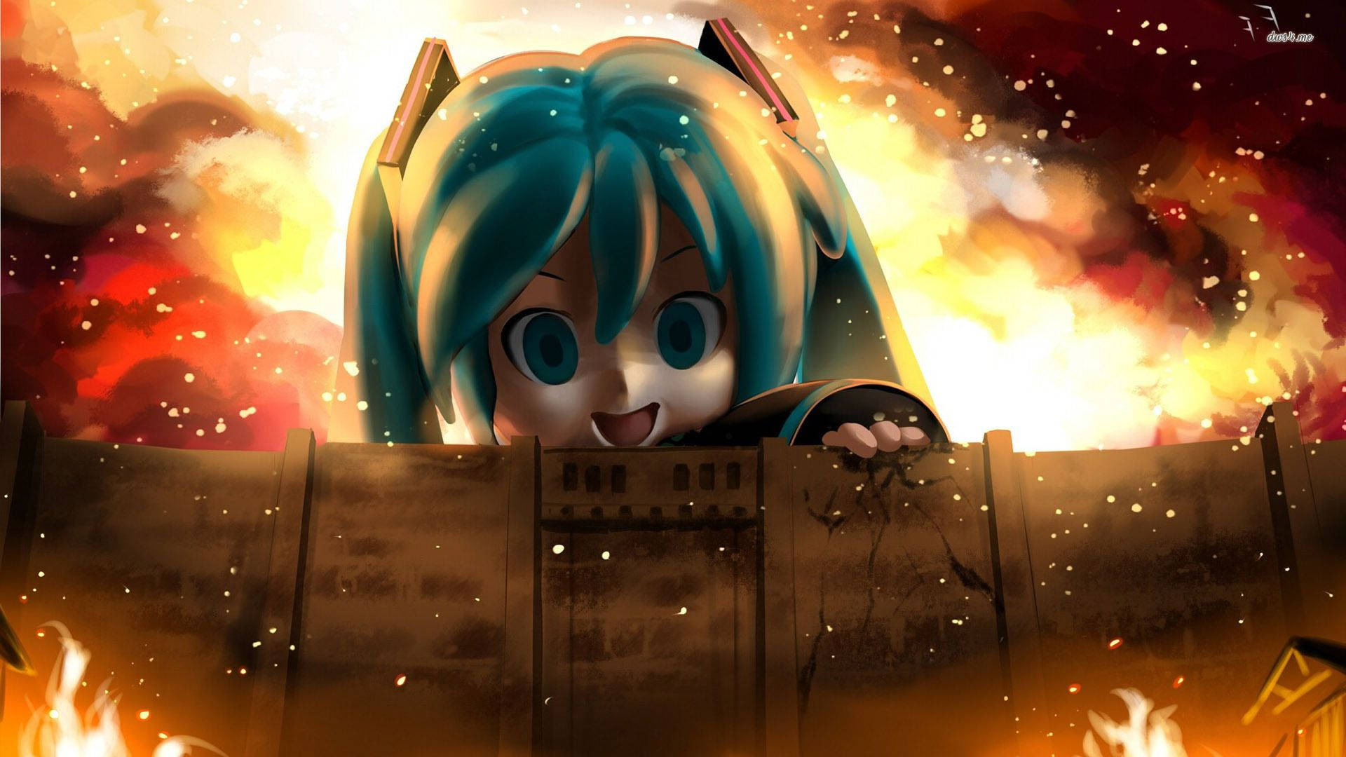初音未來從牆後探頭，對峙巨人的《進擊的巨人》跨界同人畫作