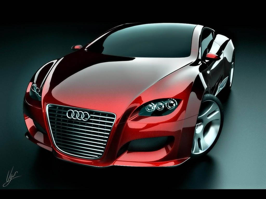極致酷炫跑車 紅色 Audi Quattro 壁紙 — 一輛時尚的紅色奧迪概念車在攝影棚燈光下閃耀，背景為深色漸變。