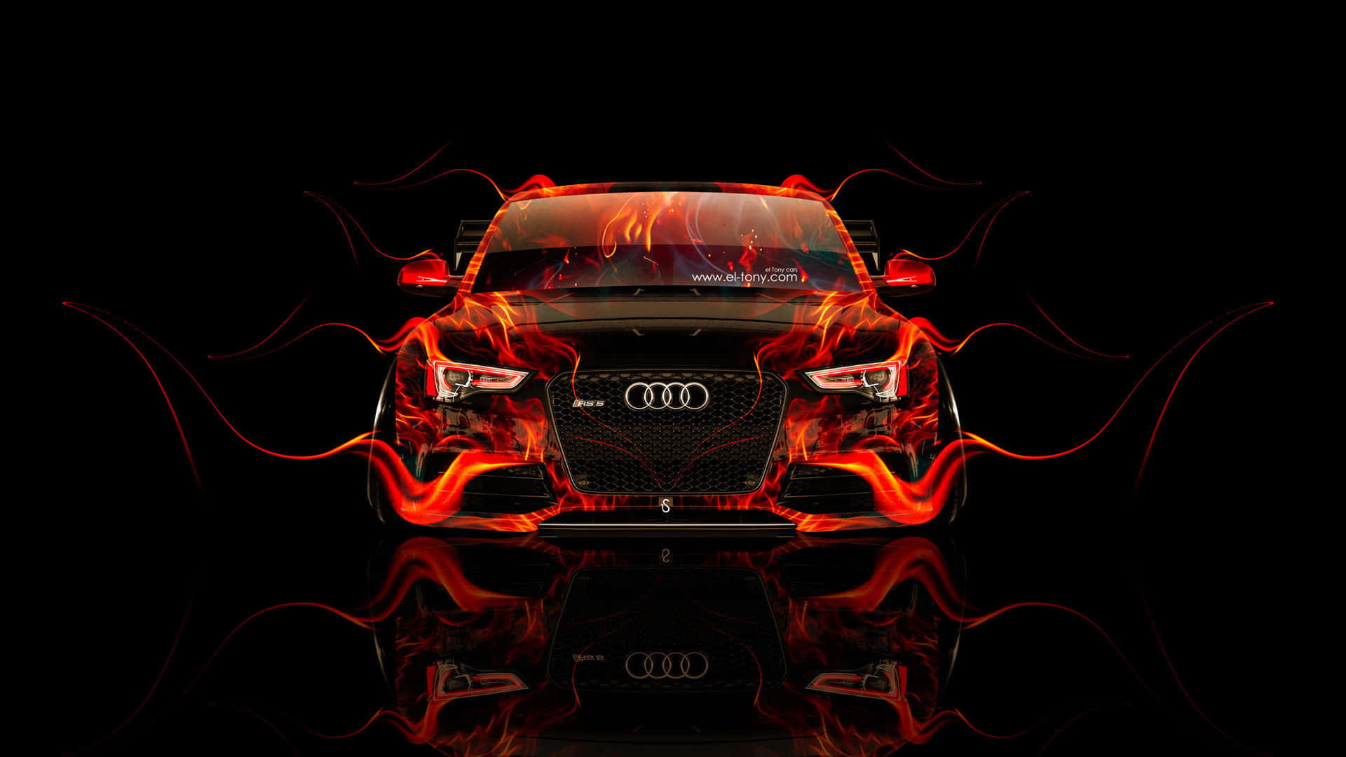 奧迪 桌布 壁紙 — Audi 跑車被鮮豔的橙色火焰吞噬，背景為黑色，表面具有反射效果。