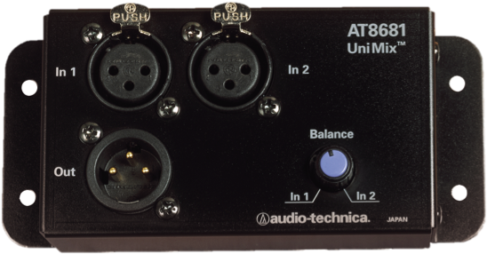 Audio-Technica AT8681 UniMix 麥克風合併器 壁紙 — 黑色 Audio-Technica AT8681 UniMix 音頻混音器的特寫，具有 XLR 輸入輸出和藍色平衡旋鈕。