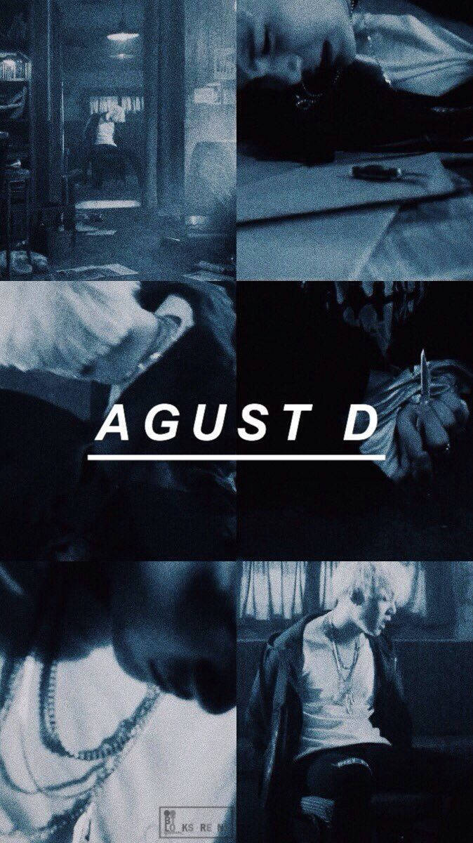 August D 闵玧其 BTS美學 壁紙 — 一張憂鬱藍色調的Agust D拼貼畫，展示在昏暗房間中的手部和臉部特寫。