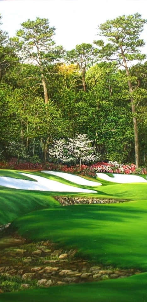 Augusta National Pixel 3 高爾夫球場背景 壁紙 — 一幅充滿活力的油畫，描繪了鬱鬱蔥蔥的高爾夫球場，起伏的綠色球道、沙坑和茂密的森林背景。