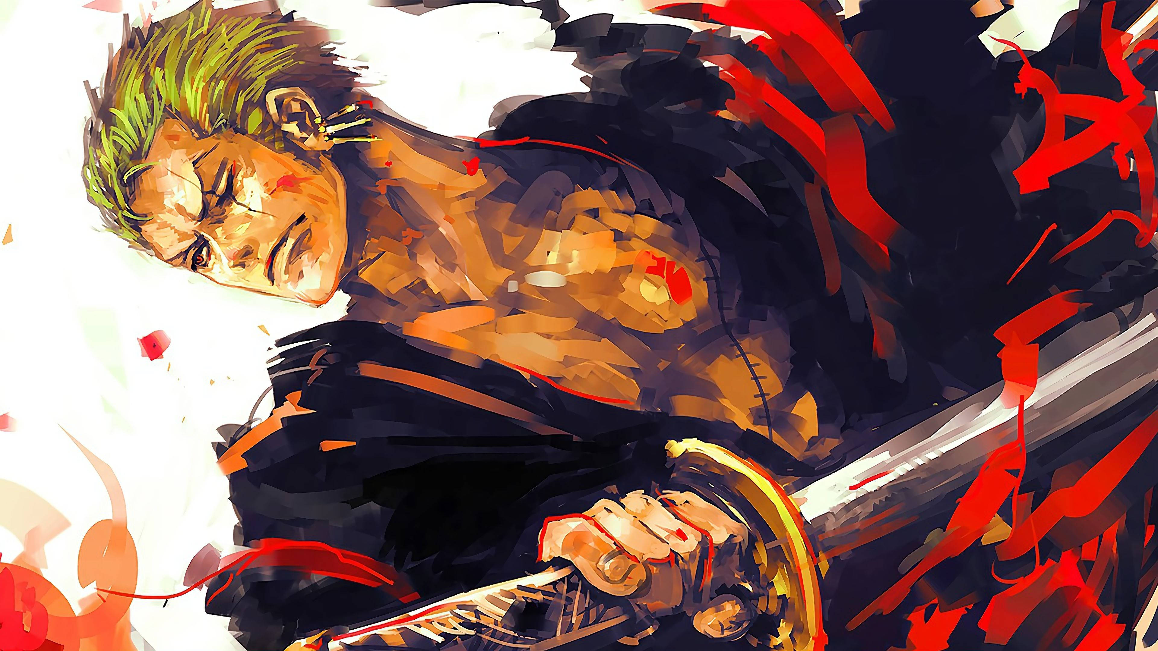 紅光 Aura One Piece 紅髮傑克 4K 壁紙 — 一個充滿動感的動漫戰士，綠色頭髮，在純白色背景上，於火紅的動態線條中緊握著劍。