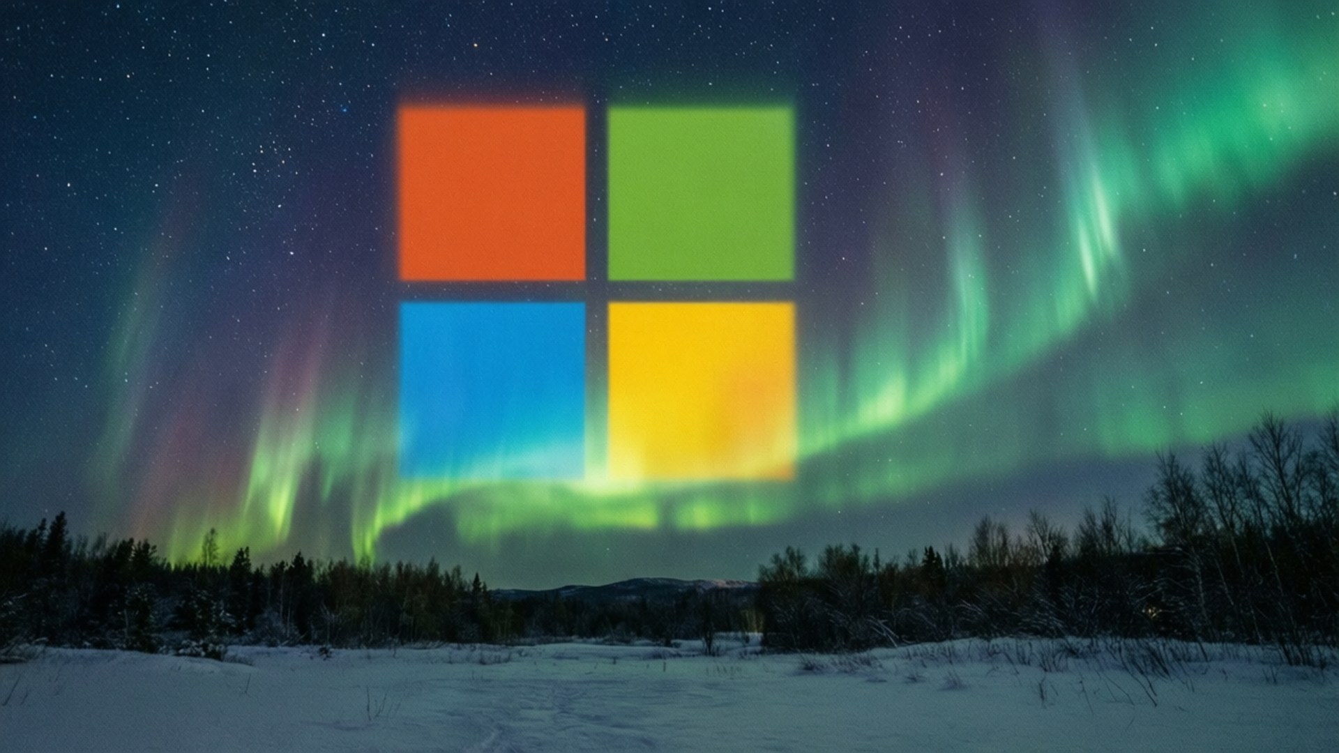Microsoft Windows 標誌在雪景和極光上以彩色方塊發光