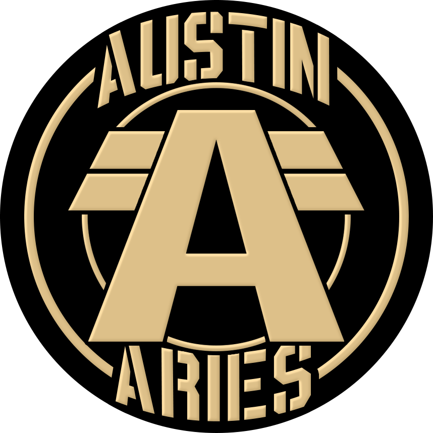 Austin Aries Wrestling Logo 壁紙 — 一個大膽的金色標誌，在黑色背景上的圓形框架內以粗體字母顯示「A」以及「ALISTIN」和「ARIES」。