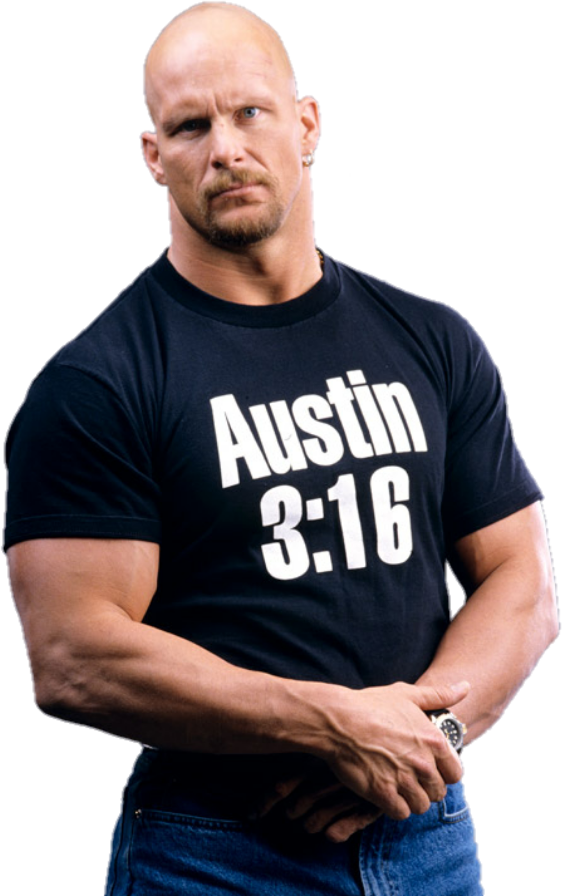 經典摔角手 Austin316 T恤 壁紙 — 光頭肌肉男，留山羊鬍，身穿印有Austin 3:16的黑色T恤和藍色牛仔褲，背景為黑色。