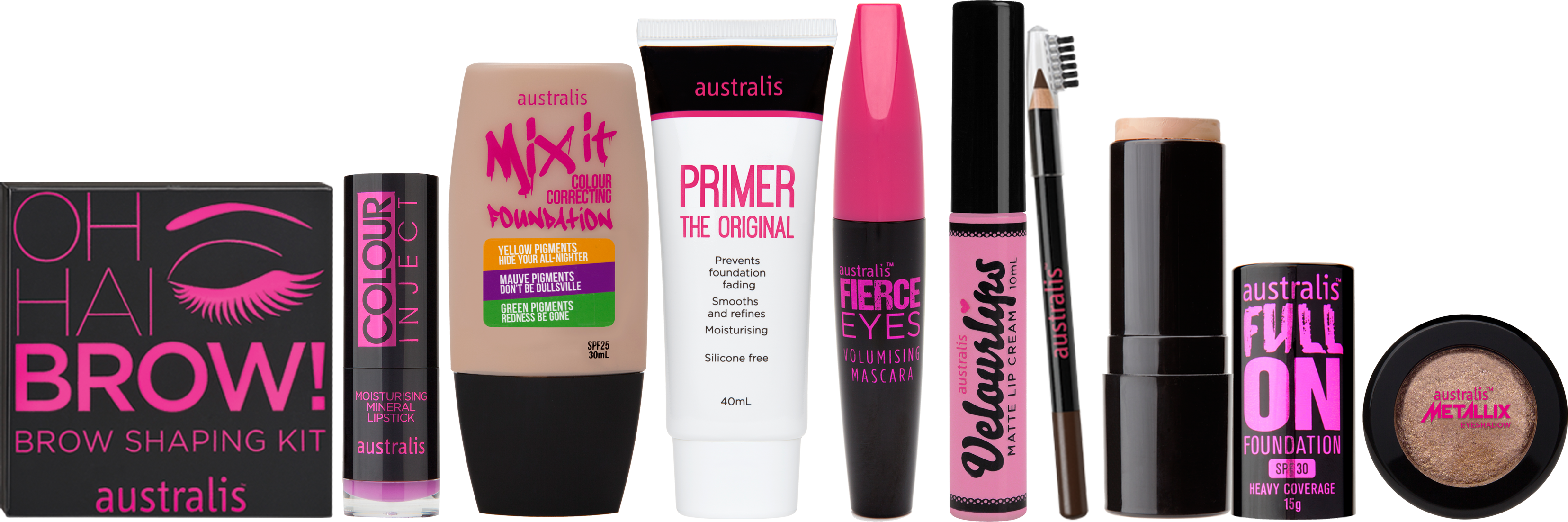 Australis 化妝品系列 壁紙 — 一系列色彩鮮豔的 Australis 化妝產品，在黑色背景上展示。