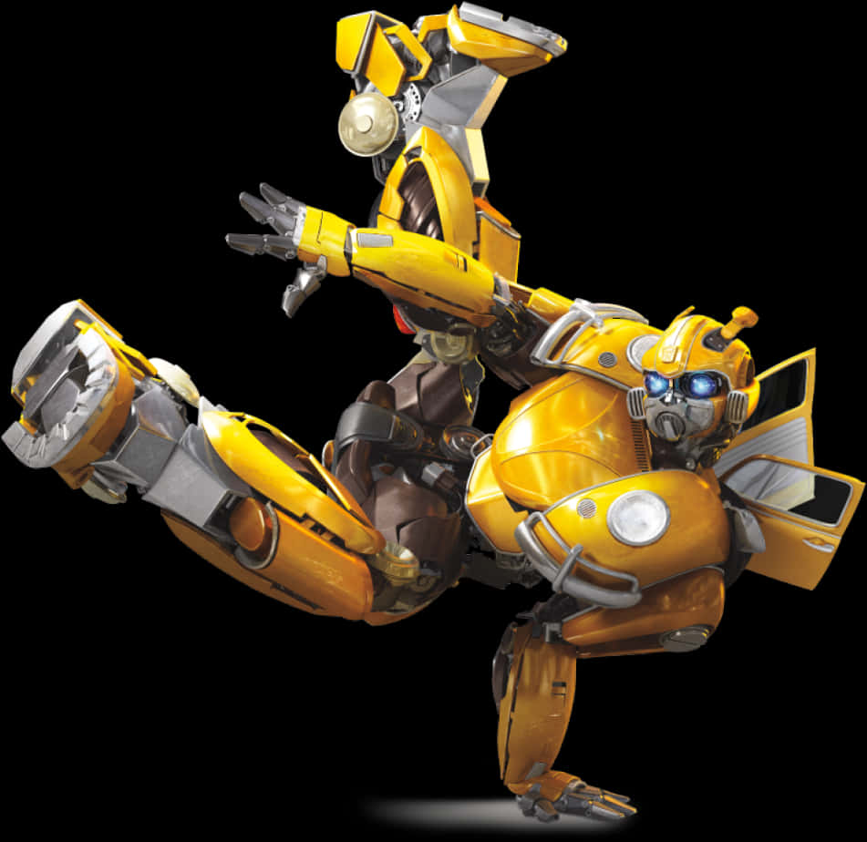 變形金剛Autobot角色Bumblebee動作姿勢 壁紙 — 一個動態的黃色機械人，擁有發光的藍色眼睛，在黑色背景前擺出強而有力的空中姿勢。