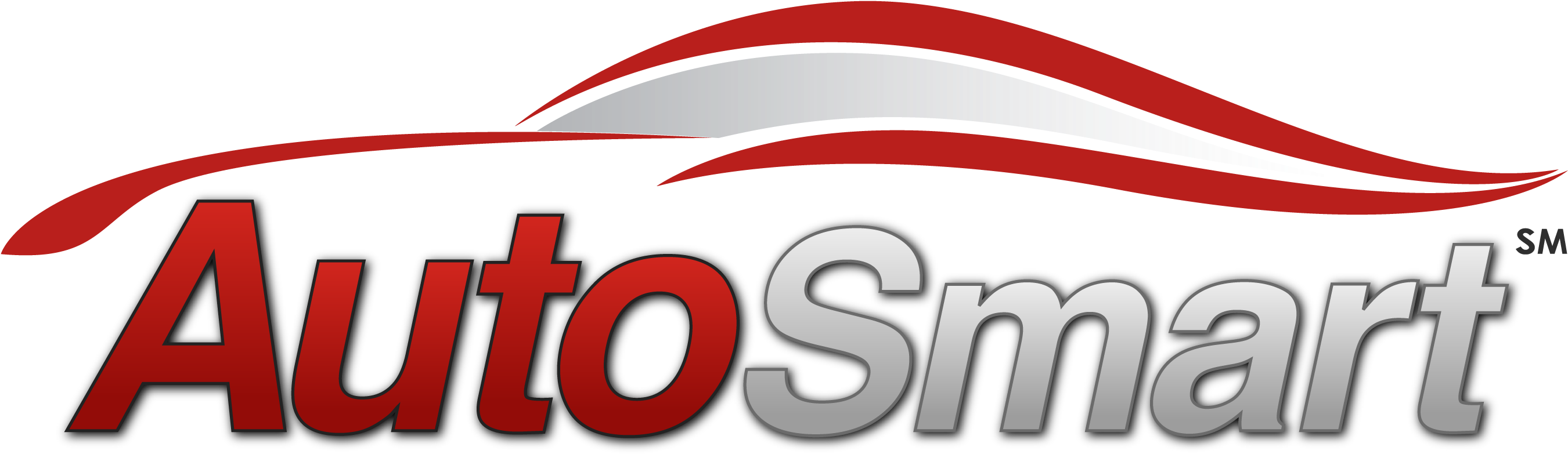 AutoSmart 汽車標誌設計 壁紙 — 大膽的紅色和銀色「AutoSmart」標誌，帶有流暢的弧線，在黑色背景上喚起汽車的輪廓。