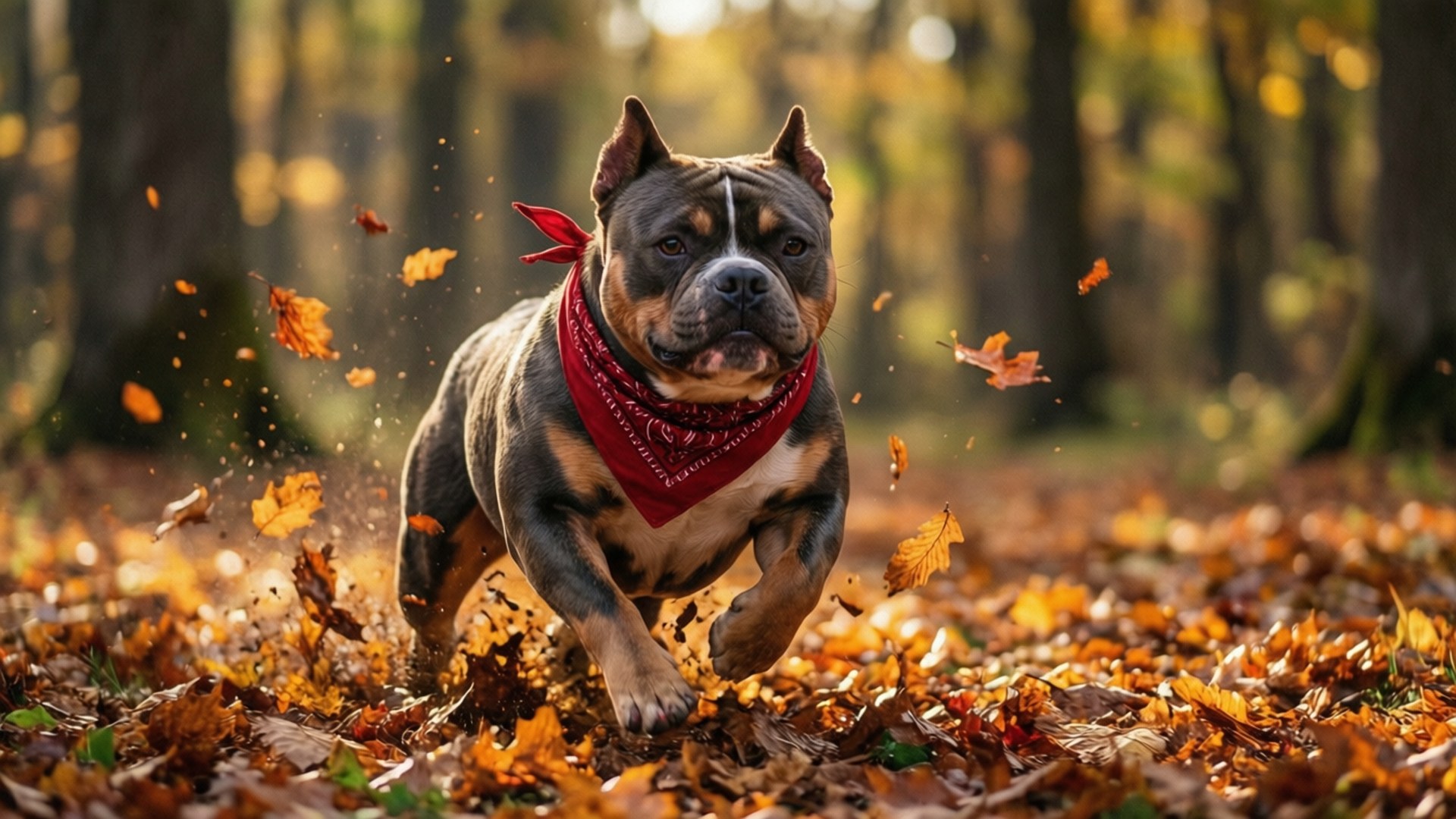 一隻戴著紅色頭巾的鬥牛犬在森林中穿過飄落的秋葉奔跑。