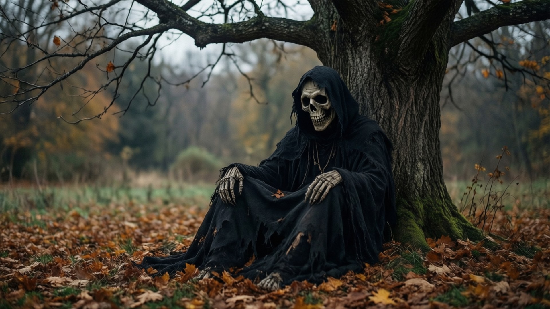 Autumn of Death 壁紙 — 一個穿著破爛黑色長袍的骷髏人物，莊嚴地靠著一棵多節的樹，坐在鋪滿落葉的秋林中。