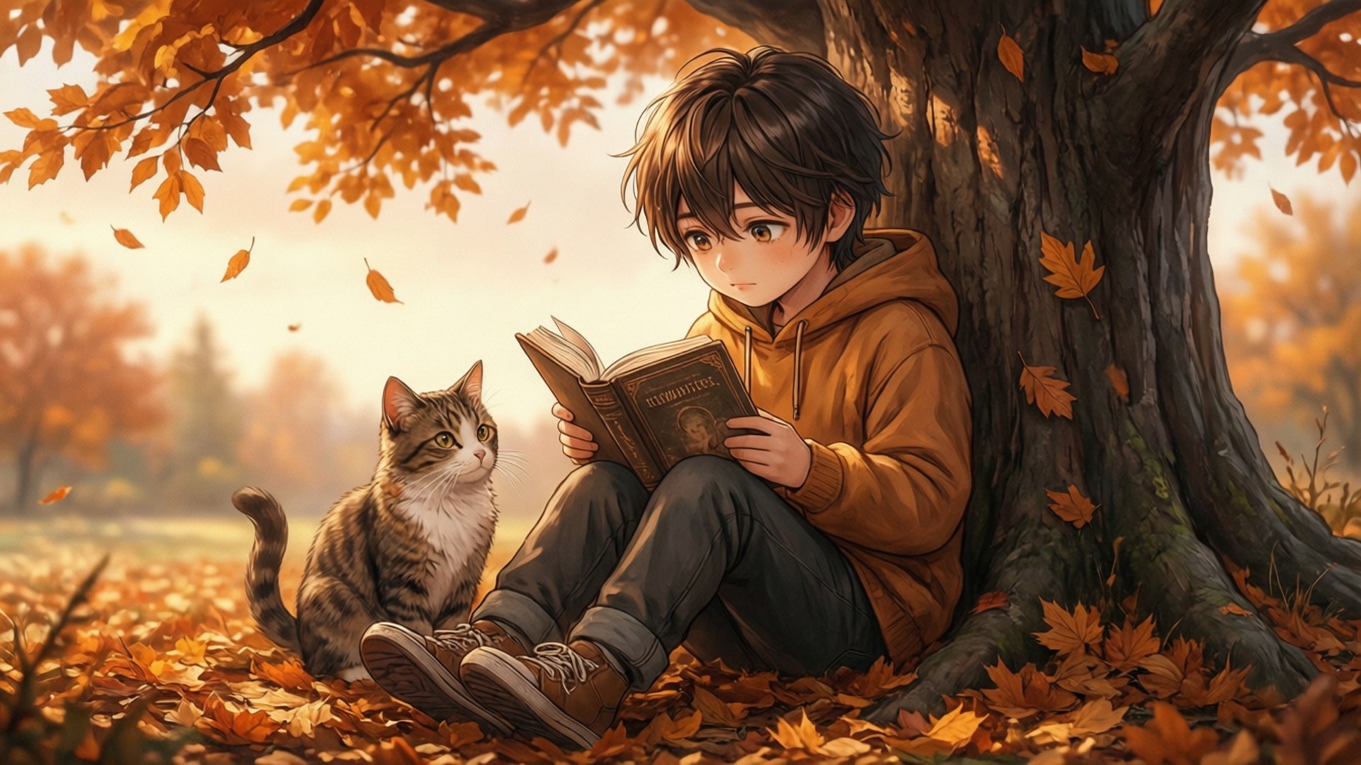 一個男孩在秋葉中的樹下與貓一起看書。