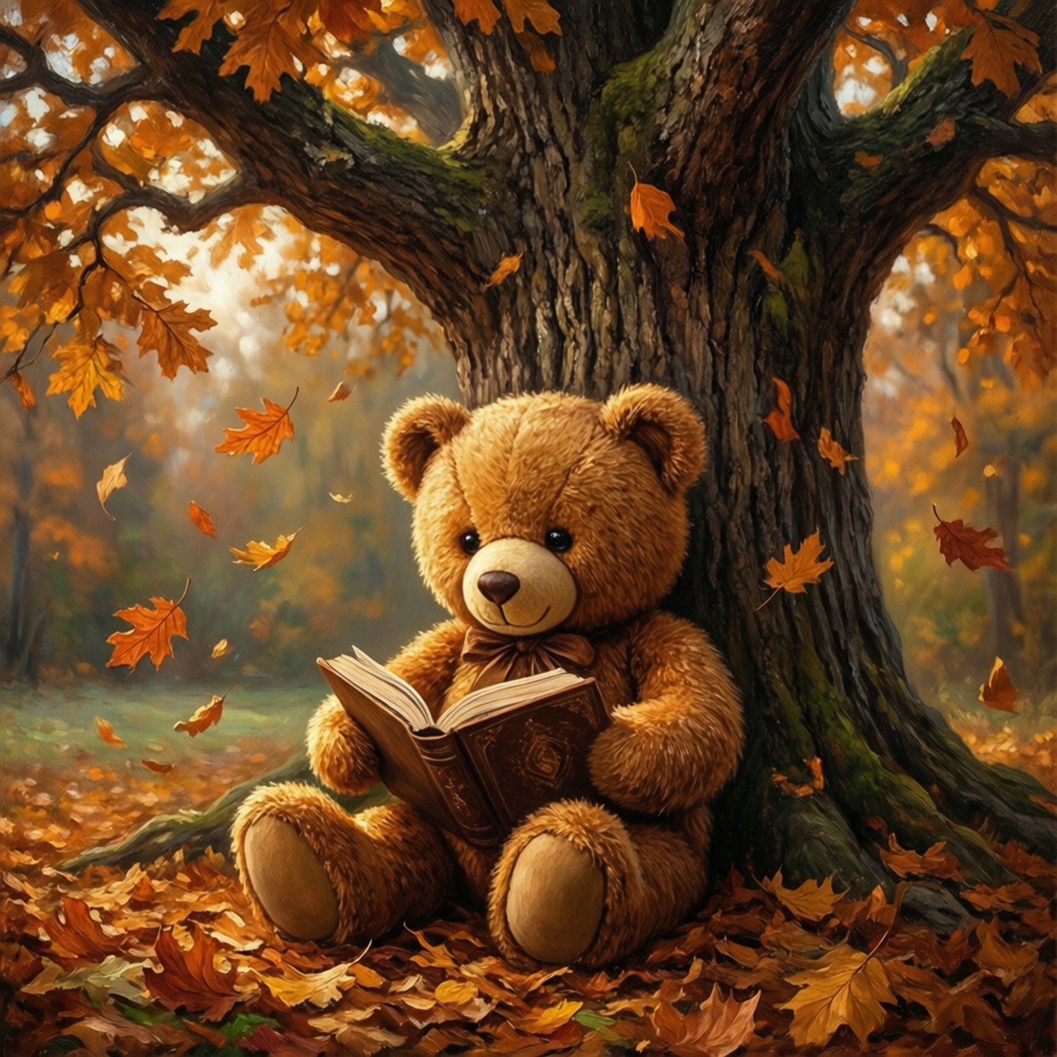 一隻泰迪熊在樹下看書，周圍是飄落的秋葉。