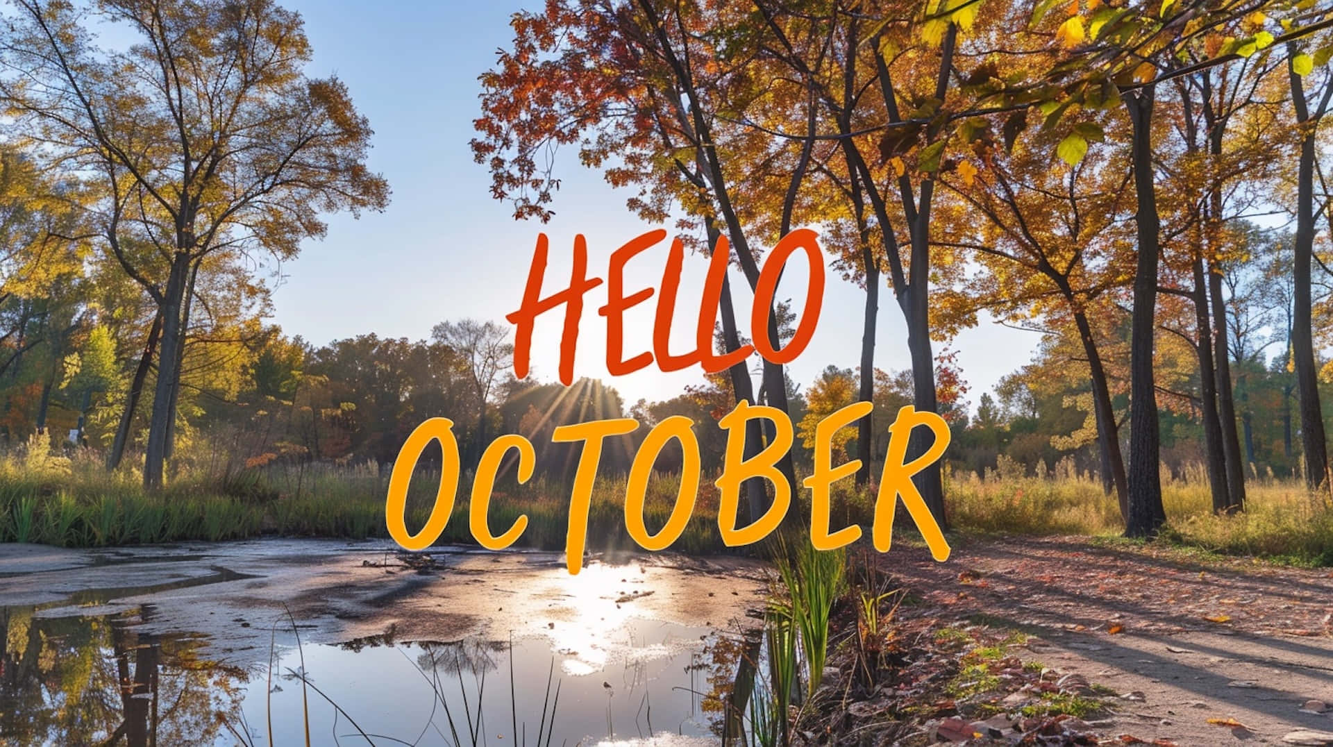 October Desktop 桌布 壁紙 — 陽光穿過秋天的樹木，映照在平靜的池塘中，並有醒目的橙黃色文字寫著哈囉十月。