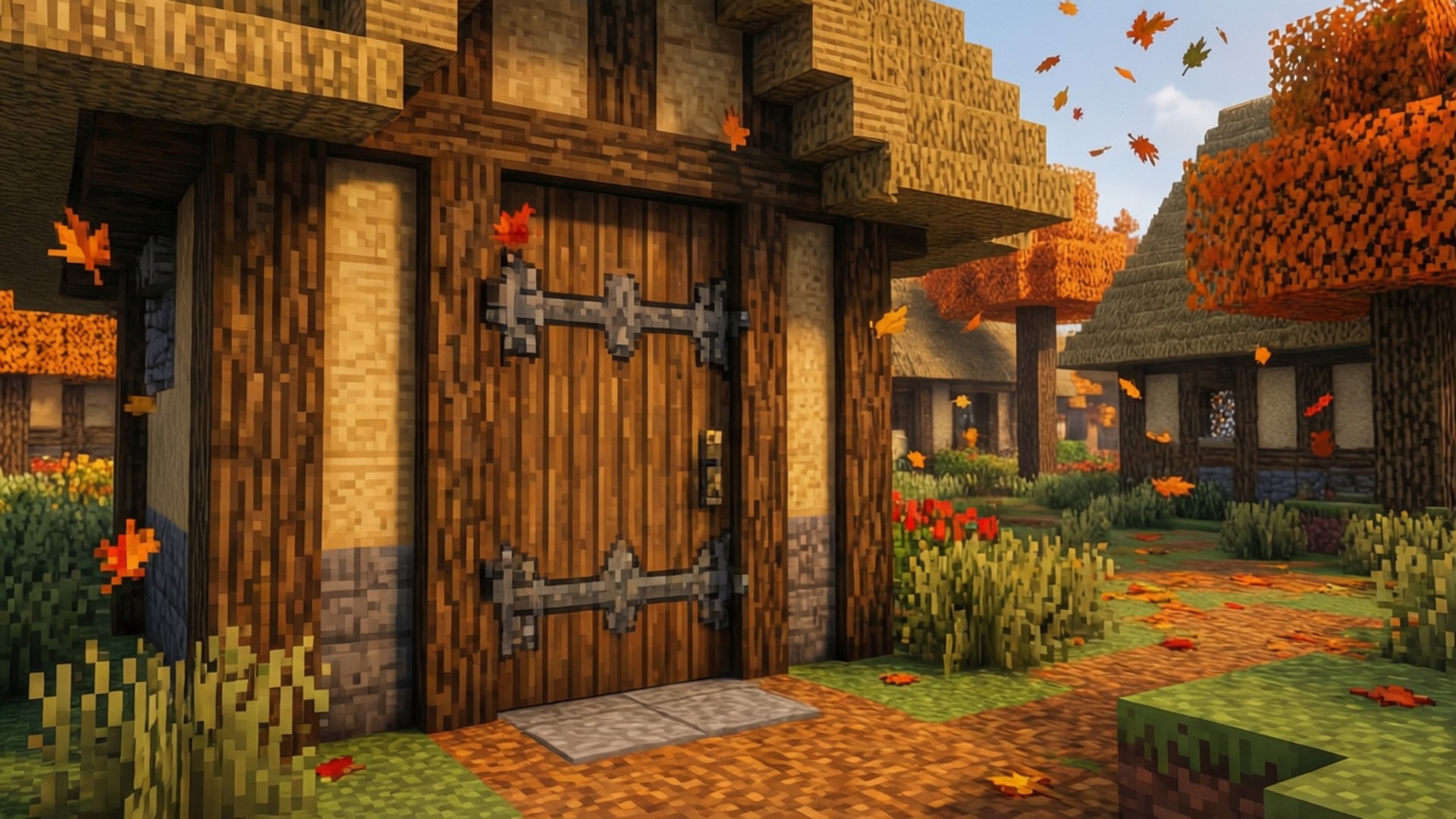 秋天Minecraft村莊中一扇帶鐵鉸鏈的木門，落葉飄飄。