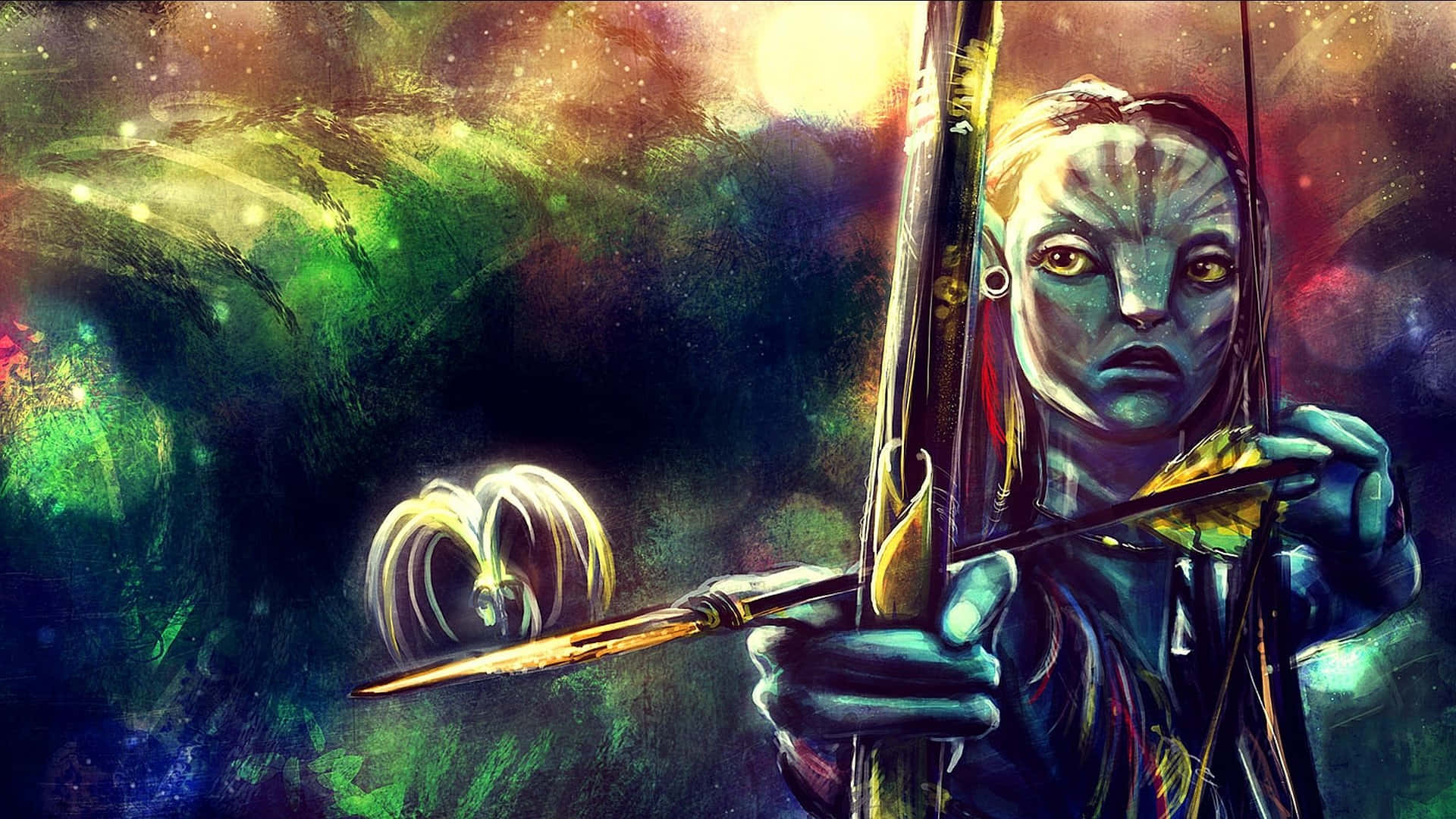 納美人弓箭手在宇宙星雲中瞄準弓箭，眼睛發光，色彩旋轉