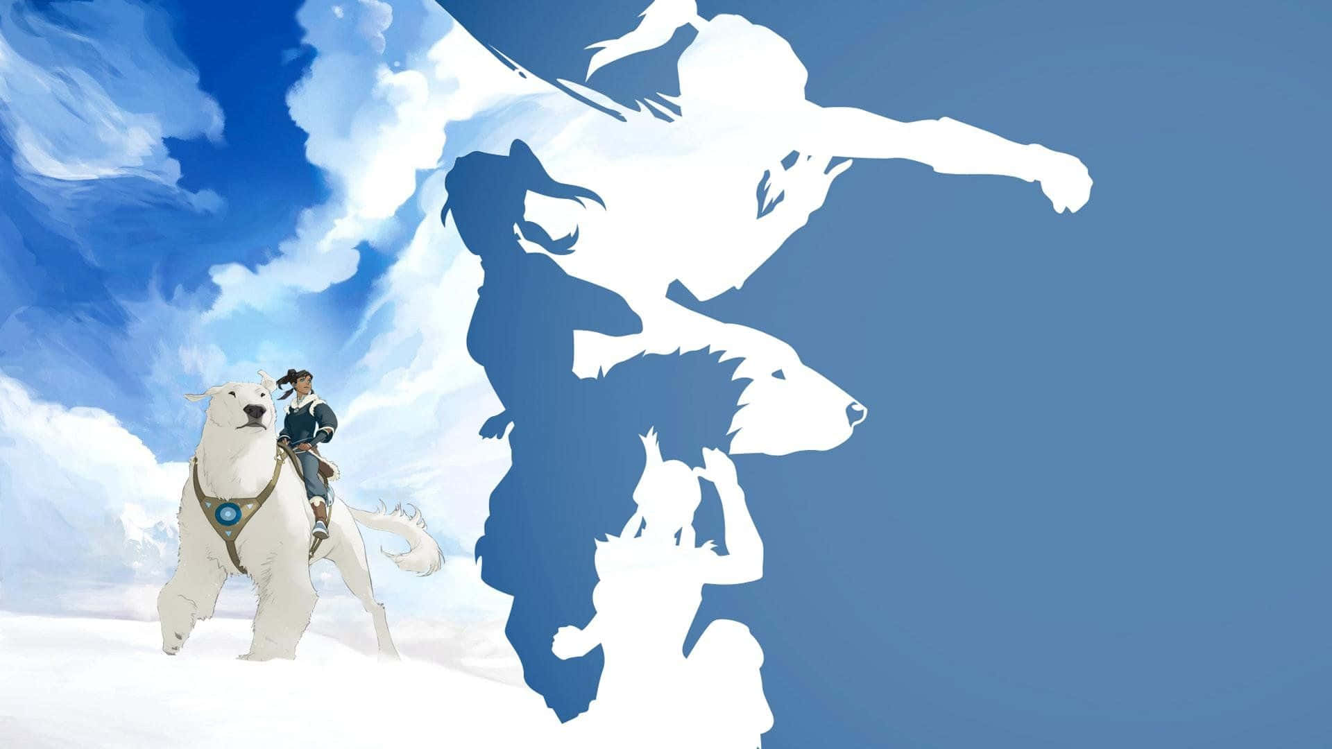科拉放棄 Avatar 狀態 壁紙 — 一名騎手騎著白色北極熊，站在多雲天空背景下跳躍的狼的巨大藍色剪影前。