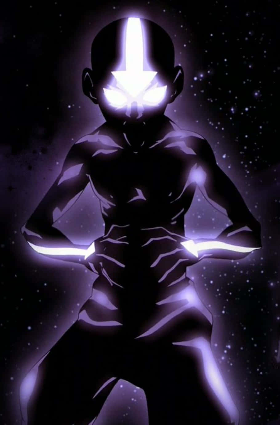Avatar 阿安與夥伴們在戰鬥前的英雄姿態 壁紙 — 一個發光的紫色剪影，一個光頭人物，發光的眼睛和箭頭形狀的額頭，站在星空宇宙背景前。
