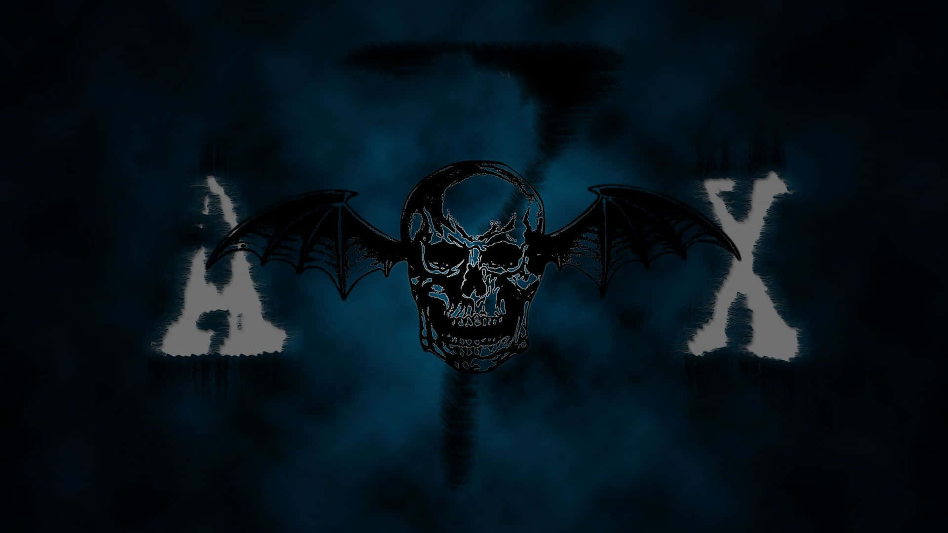 Avenged Sevenfold 與 A7X 壁紙 — 一個帶有蝙蝠翅膀的威脅性頭骨，藍色血管發光，背景是深青色的煙霧，兩側有幽靈般的白色字母A和X。