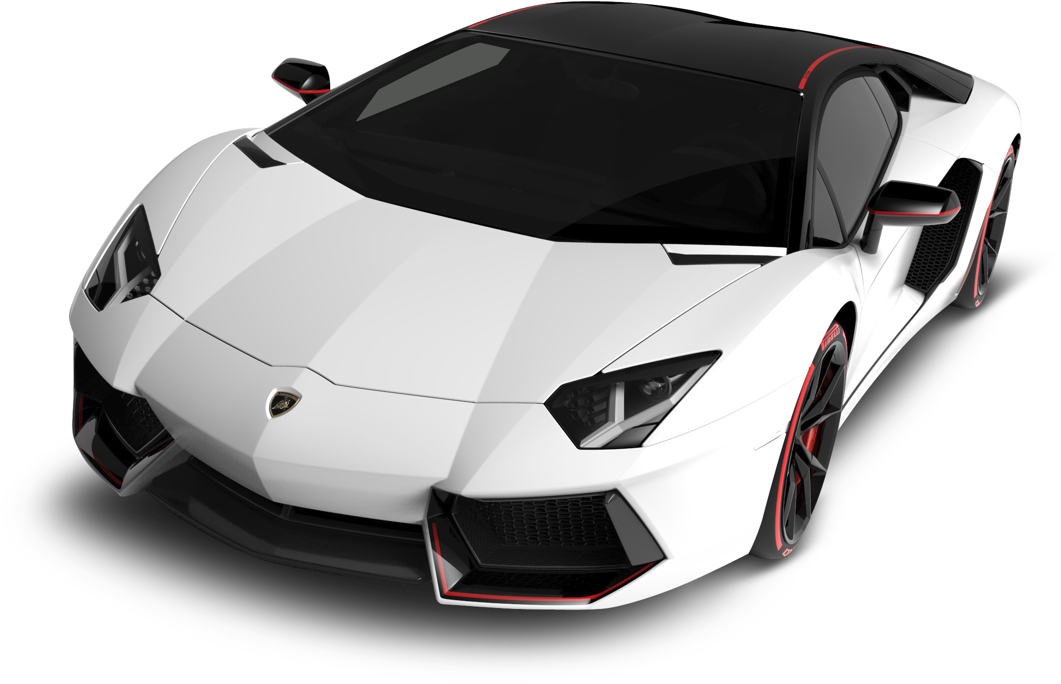 白色蘭博基尼Aventador SVJ側角視圖 壁紙 — 一輛帶有黑色和紅色點綴的時尚白色林寶堅尼跑車，孤立地立在純黑色背景前。