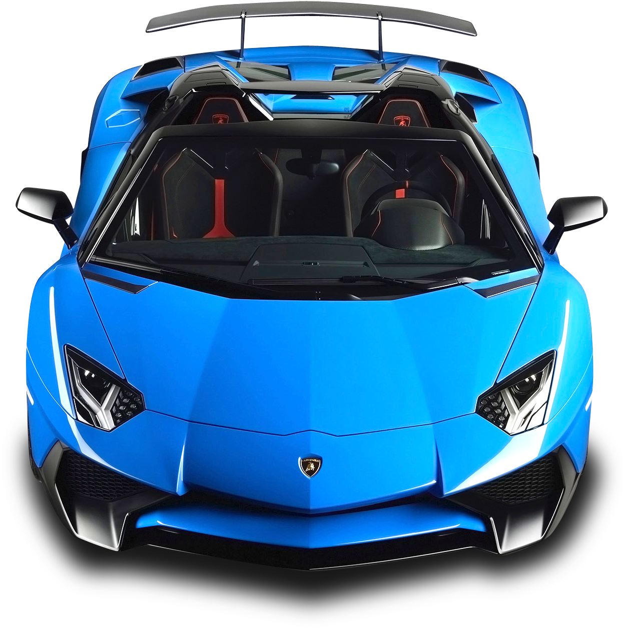 藍色蘭博基尼Aventador SVJ切圖 壁紙 — 一輛充滿活力的藍色林寶堅尼Aventador敞篷跑車，配備紅色內飾和黑色飾邊，從正面觀看，背景為黑色。
