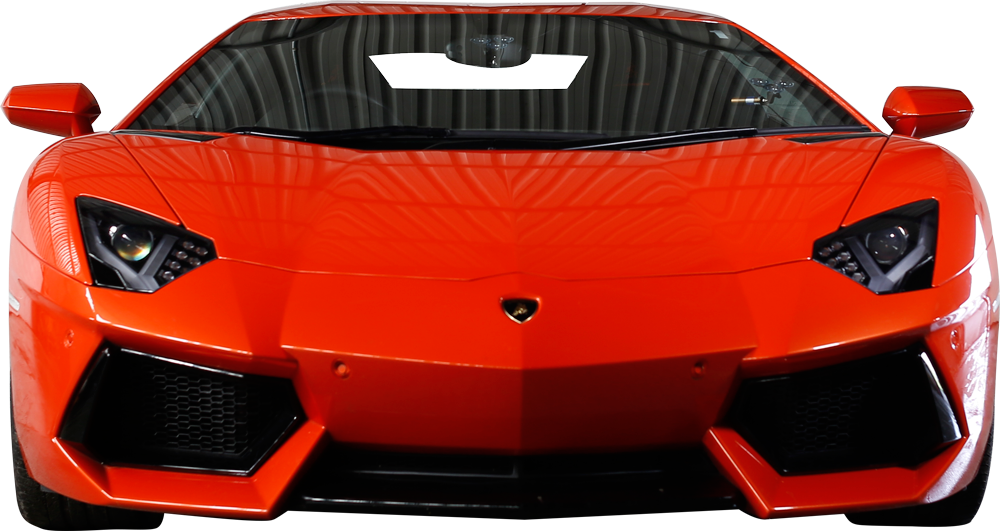 紅色蘭博基尼Aventador正面視圖 壁紙 — 一輛充滿活力的橙色林寶堅尼Aventador跑車，具有銳利的棱角線條和黑色飾邊，停放在室內白色磚牆前。
