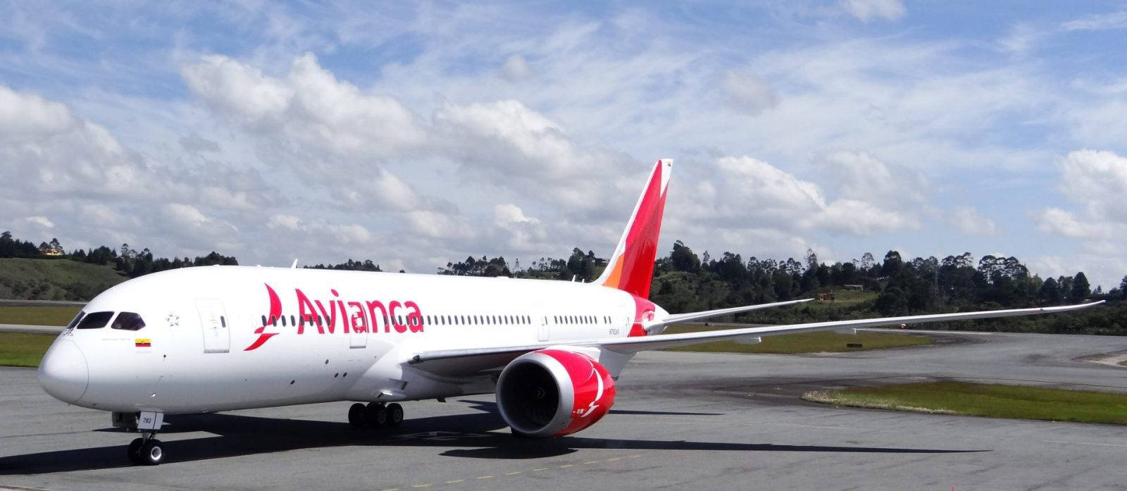 avianca航空波音B787-8夢想客機雲層下 壁紙 — 一架 Avianca 客機停在跑道上，天空局部多雲，背景是綠色山丘。