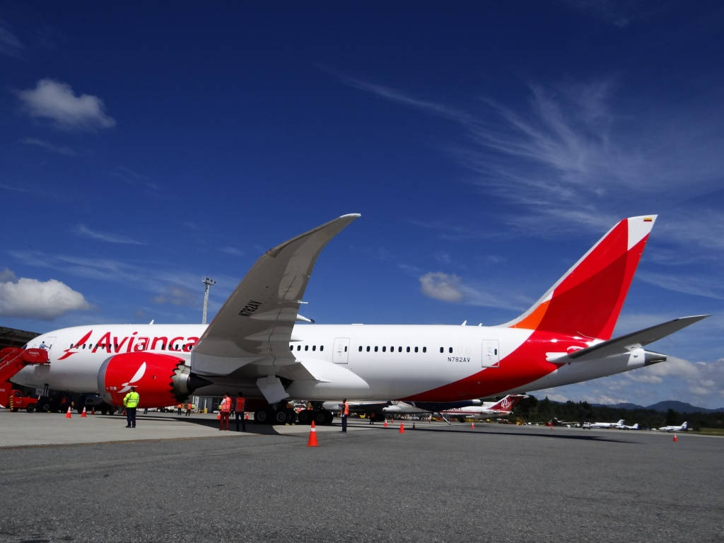 Avianca 飛機停在停機坪，有地勤人員和橙色錐筒，背景是藍天