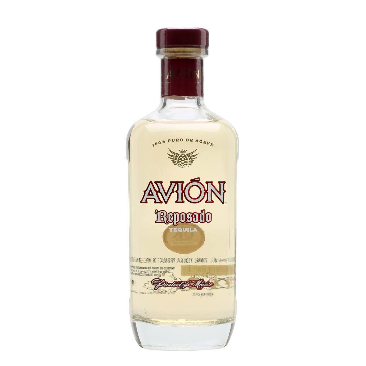 Avion Reposado龍舌蘭酒瓶，帶有栗色瓶蓋和奶油色標籤，背景為白色。