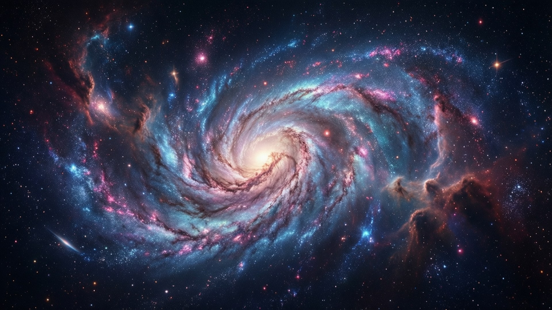深空中一個色彩繽紛的螺旋星系，帶有發光的星雲和恆星