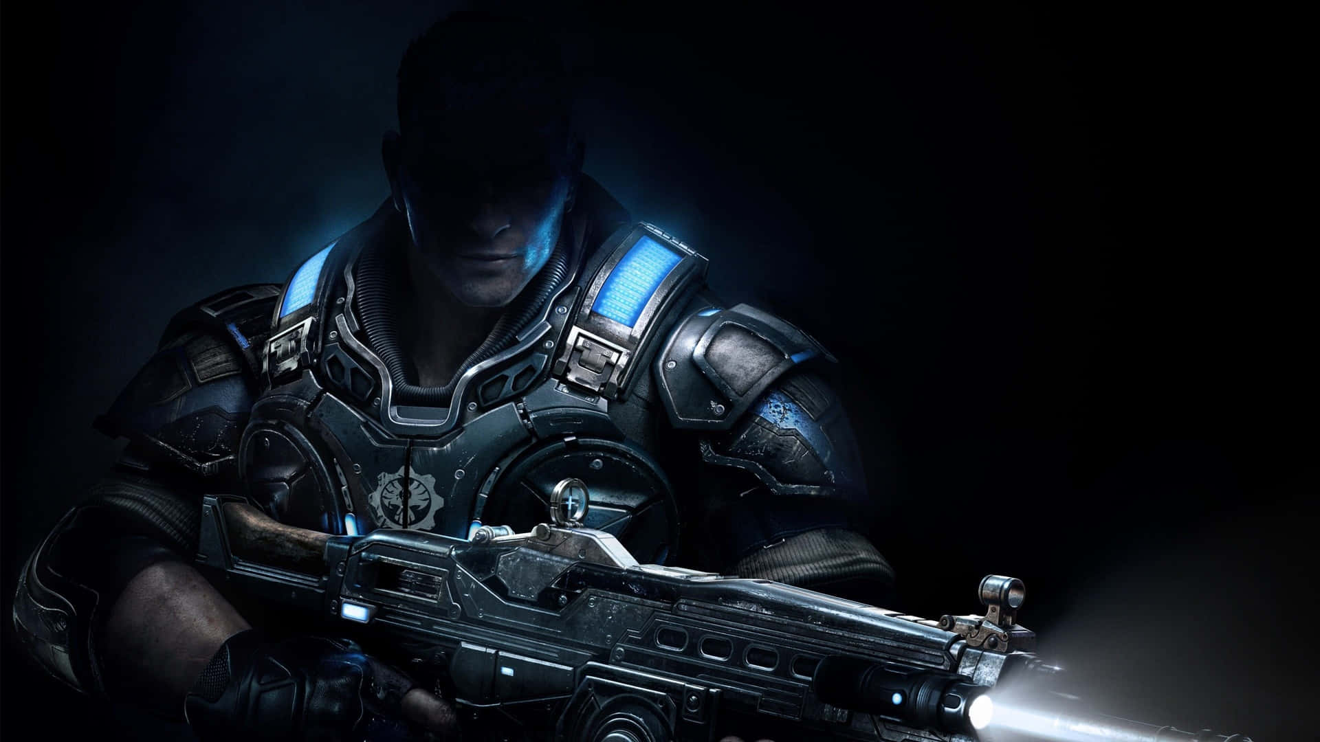 Awesome HD Gaming 鐵血戰爭 壁紙 — 一名身穿未來風格盔甲的士兵在昏暗燈光下，於黑色背景前緊握發光武器。