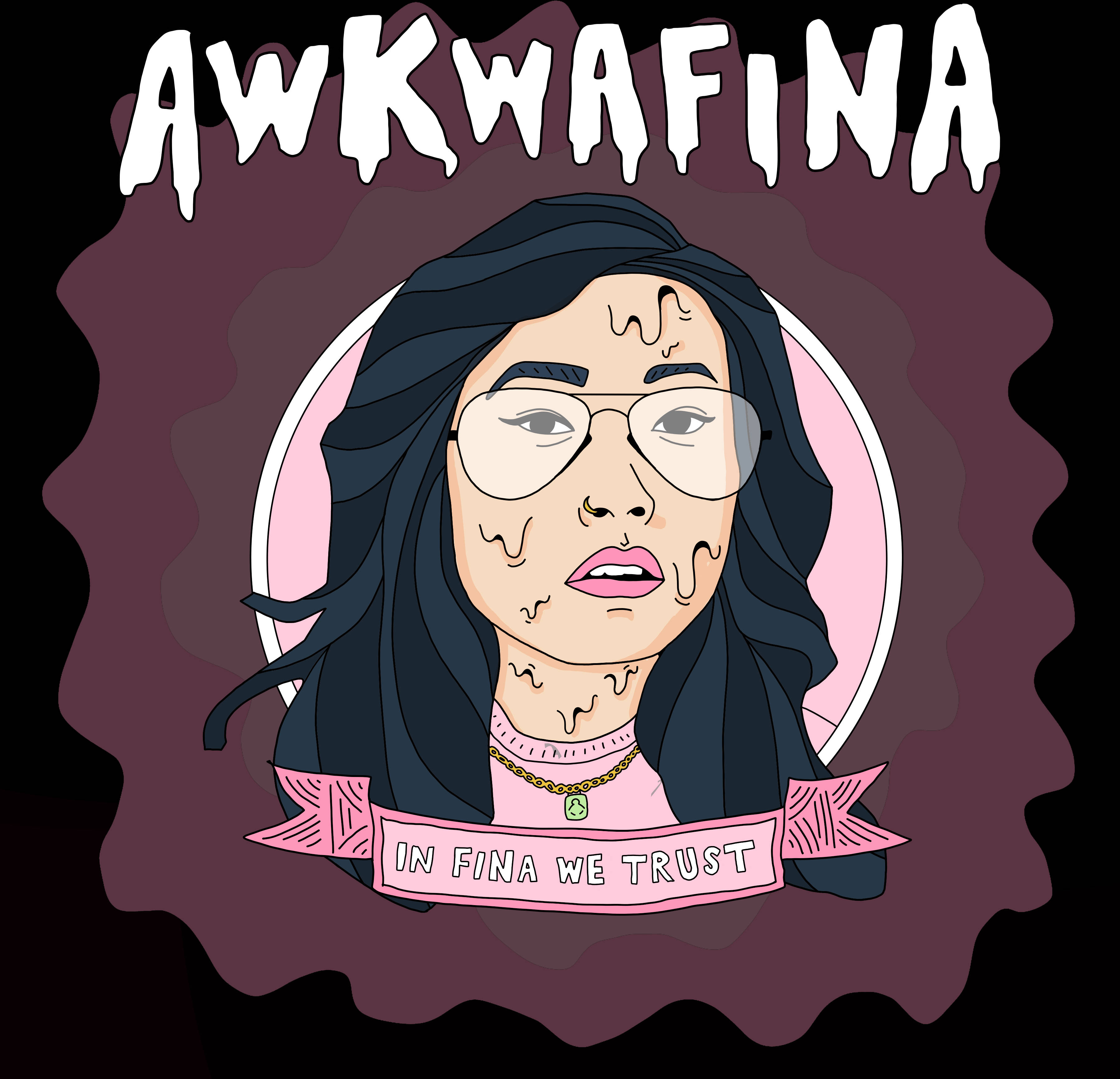 Awkwafina 數位向量藝術圖 壁紙 — Awkwafina 的風格化卡通肖像，戴著眼鏡，在栗色背景上有一個粉紅色橫幅寫著「IN FINA WE TRUST」。