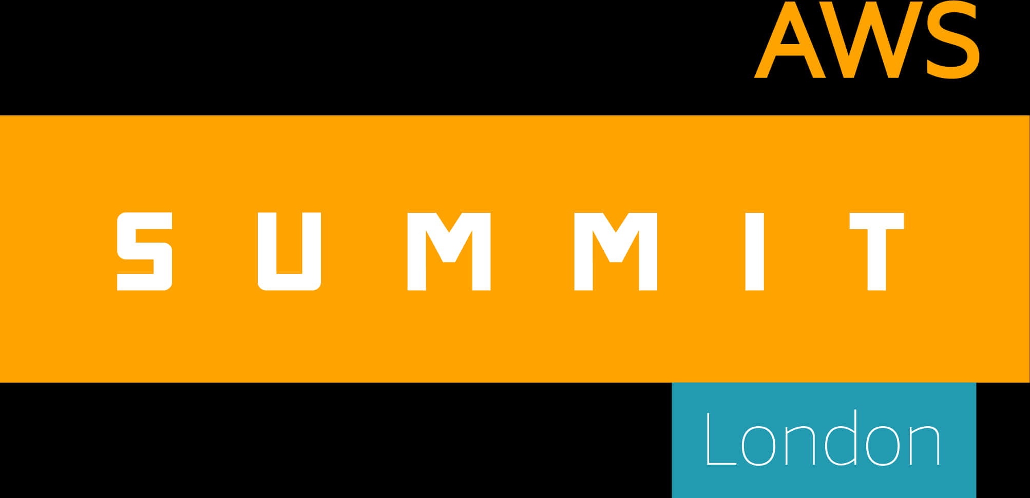 AWS峰會倫敦橫幅 壁紙 — AWS Summit London 的醒目圖形標誌，在黑色背景上以橙色和藍綠色區塊配上白色文字。