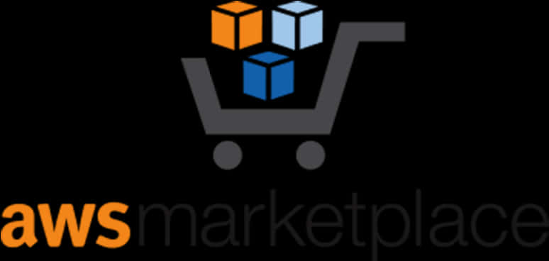 AWS Marketplace 標誌 壁紙 — 一個極簡風格的灰色購物車標誌，在黑色背景上拿著三個彩色立方體，並帶有 aws marketplace 文字。