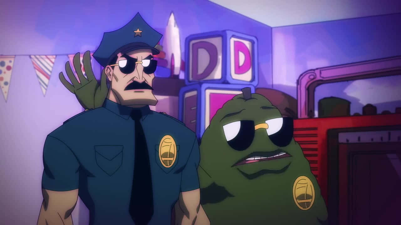 Axe Cop 準備行動 壁紙 — 兩個戴太陽眼鏡的卡通警察站在一個裝飾著派對橫額和字母積木的紫色房間裡。