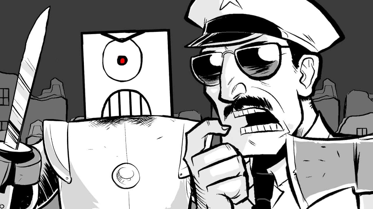 標題：Axe Cop 與隊友準備戰鬥 壁紙 — 一幅粗糙的黑白卡通描繪一個帶鬍鬚和太陽眼鏡的威脅性官員站在一個拿著刀的機械人旁邊。